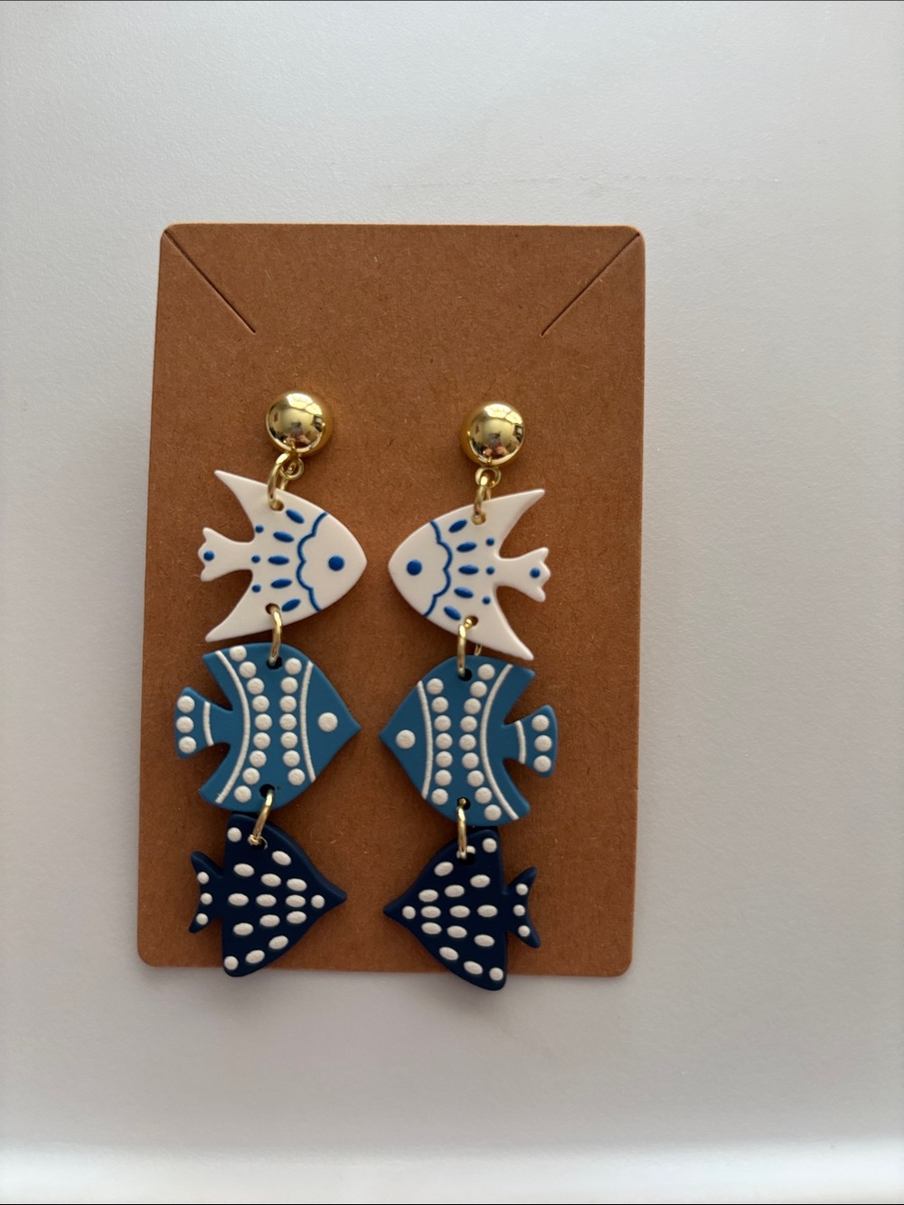 Fashion Jewelry Blue & White Layered Fish Dangle Earrings - Picture 2 of 4